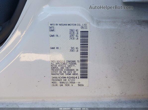 1N4BL4CV0MN404641 2021 NISSAN ALTIMA White Vista del compartimento del motor