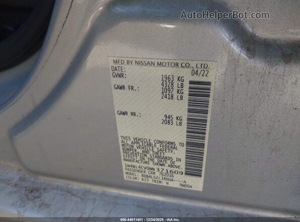 1N4BL4CV0NN371609 2022 NISSAN ALTIMA Silver Вид підкапотного простору
