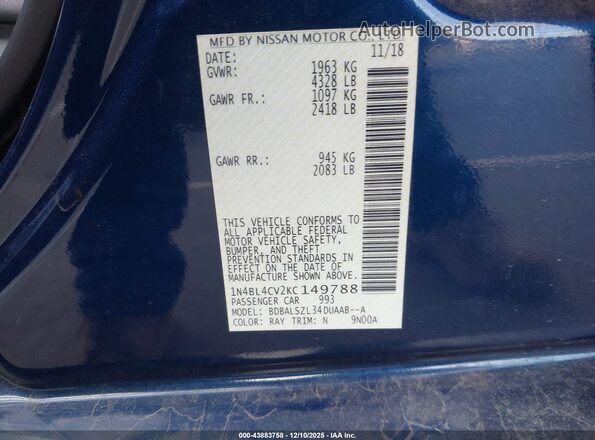 1N4BL4CV2KC149788 2019 NISSAN ALTIMA Dark Blue Engine compartment view