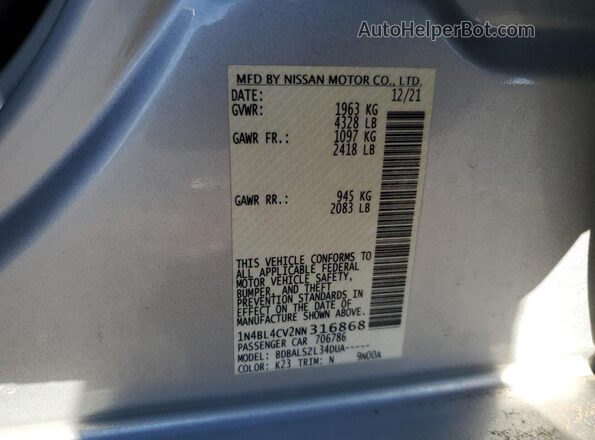 1N4BL4CV2NN316868 2022 NISSAN ALTIMA Silver VIN კოდის სტიკერის ხედი