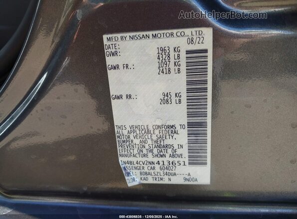 1N4BL4CV2NN413651 2022 NISSAN ALTIMA Gray Вид підкапотного простору