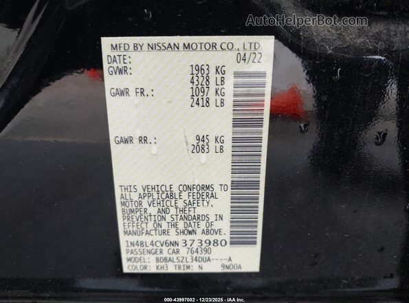 1N4BL4CV6NN373980 2022 NISSAN ALTIMA Black Շարժիչի բաժամունքի տեսք