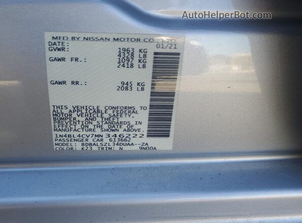 1N4BL4CV7MN346222 2021 NISSAN ALTIMA Gray ძრავის განყოფილების ხედი