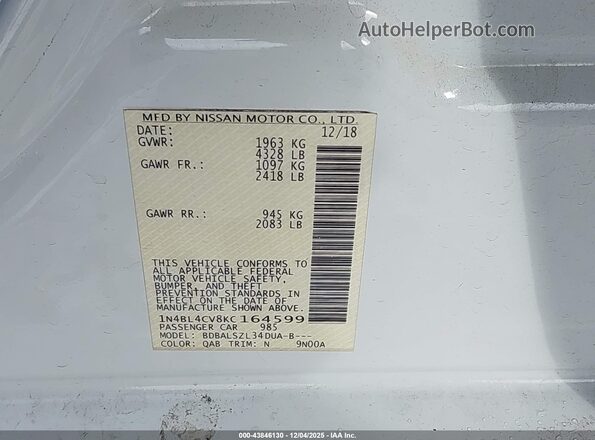 1N4BL4CV8KC164599 2019 NISSAN ALTIMA White Вид підкапотного простору