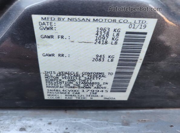 1N4BL4CVXKC179945 2019 NISSAN ALTIMA Угольный Вид подкапотного пространства