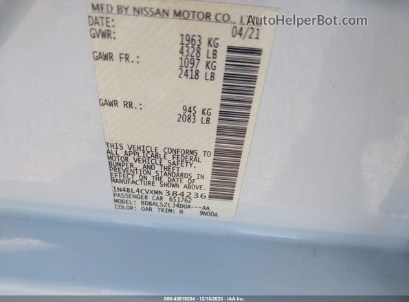 1N4BL4CVXMN384236 2021 NISSAN ALTIMA White 