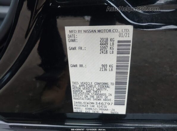 1N4BL4CW2MN346797 2021 NISSAN ALTIMA Черный Вид подкапотного пространства