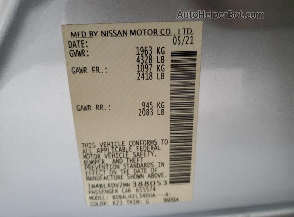 1N4BL4DV2MN388053 2021 NISSAN ALTIMA Silver Вид підкапотного простору
