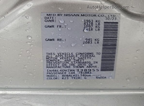 1N4BL4DV2RN338955 2024 NISSAN ALTIMA Silver VIN sticker view