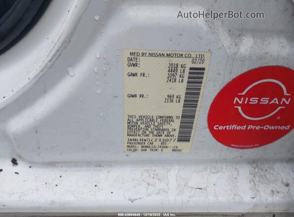 1N4BL4EW7LC233077 2020 NISSAN ALTIMA White Vista del compartimento del motor