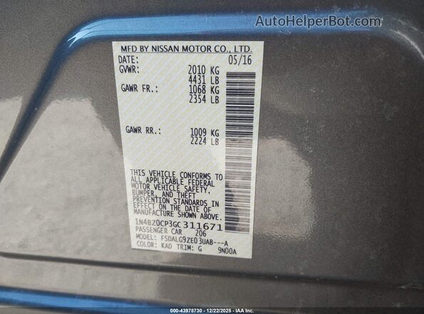 1N4BZ0CP3GC311671 2016 NISSAN LEAF Gray ძრავის განყოფილების ხედი
