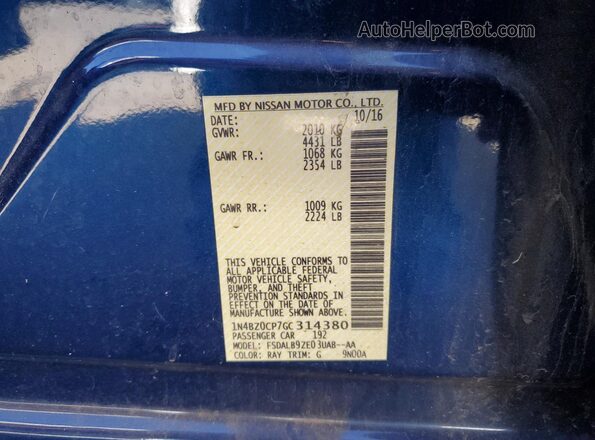 1N4BZ0CP7GC314380 2016 NISSAN LEAF Blue Vista del compartimento del motor
