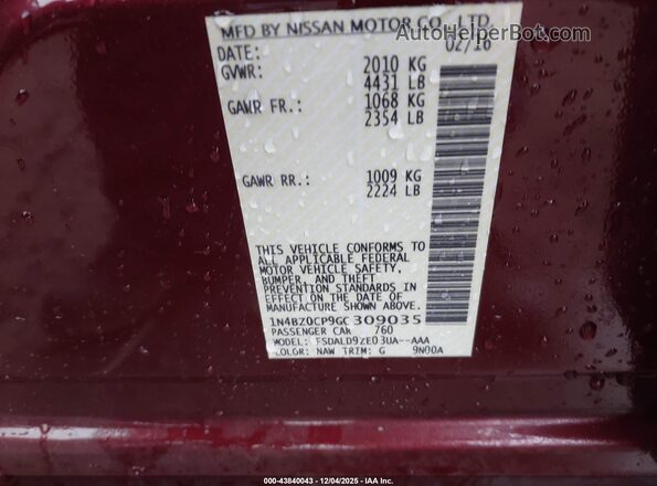 1N4BZ0CP9GC309035 2016 NISSAN LEAF Burgundy Vista del compartimento del motor