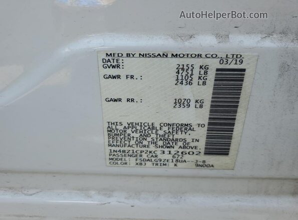 1N4BZ1CP2KC312602 2019 NISSAN LEAF White Vista del compartimento del motor