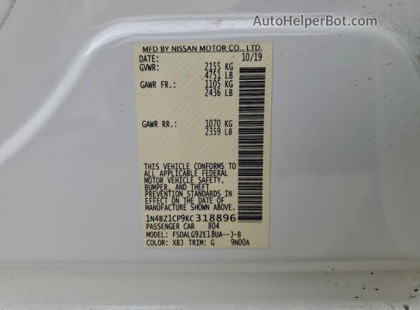 1N4BZ1CP9KC318896 2019 NISSAN LEAF White 