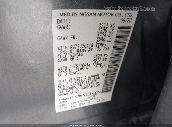 1N6AA1ED1MN503609 2021 NISSAN TITAN Gray Engine compartment view