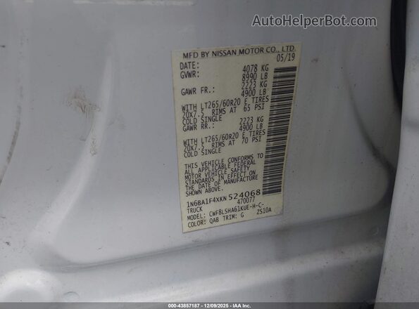 1N6BA1F4XKN524068 2019 NISSAN TITAN XD White ძრავის განყოფილების ხედი