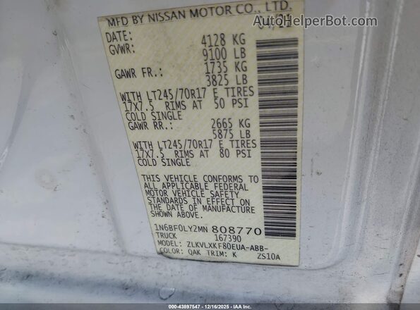 1N6BF0LY2MN808770 2021 NISSAN NV CARGO NV2500 HD White Engine compartment view