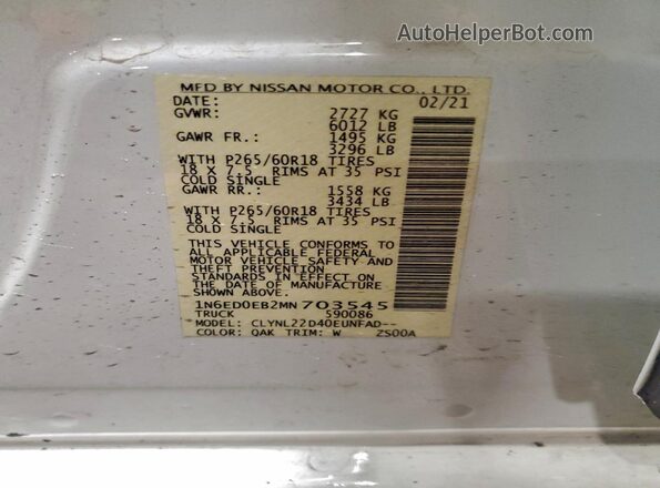 1N6ED0EB2MN703545 2021 NISSAN FRONTIER White VIN կոդի պիտակի տեսք