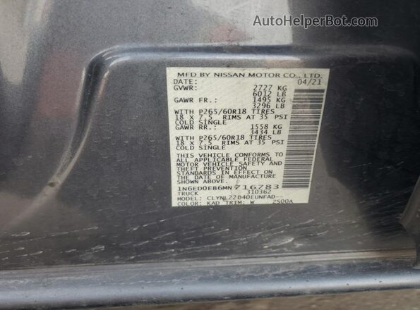 1N6ED0EB6MN716783 2021 NISSAN FRONTIER Charcoal Vista de la etiqueta del VIN