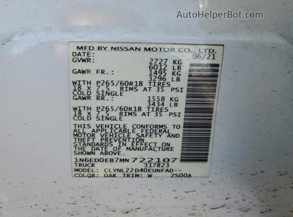 1N6ED0EB7MN722107 2021 NISSAN FRONTIER White ძრავის განყოფილების ხედი