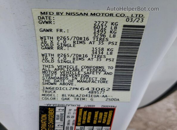 1N6ED1CL2PN643062 2023 NISSAN FRONTIER White VIN კოდის სტიკერის ხედი