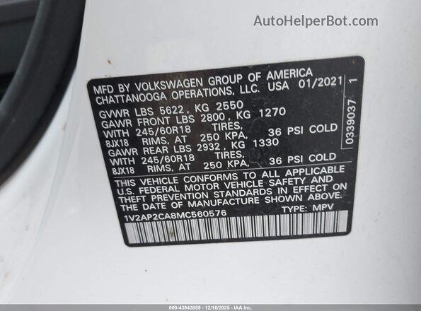 1V2AP2CA8MC560576 2021 VOLKSWAGEN ATLAS White Vista del compartimento del motor