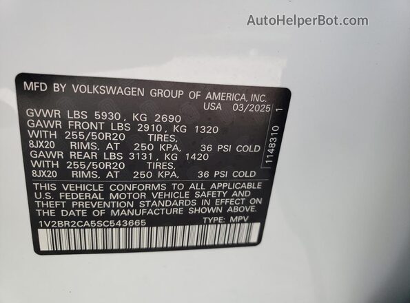 1V2BR2CA5SC543665 2025 VOLKSWAGEN ATLAS White 