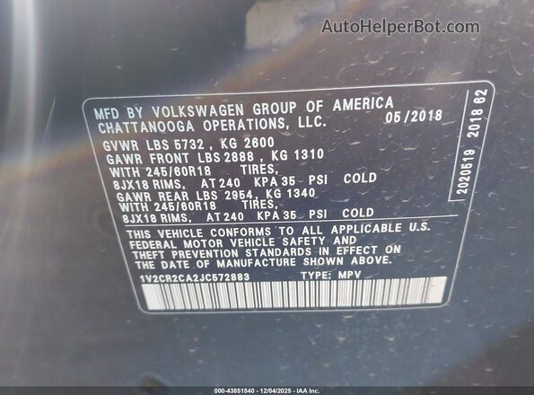 1V2CR2CA2JC572883 2018 VOLKSWAGEN ATLAS Black ძრავის განყოფილების ხედი