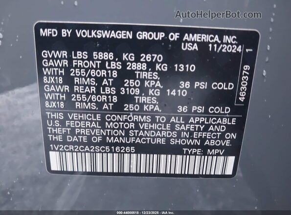 1V2CR2CA2SC516265 2025 VOLKSWAGEN ATLAS Gray Engine compartment view