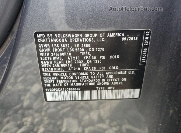 1V2DP2CA1JC600537 2018 VOLKSWAGEN ATLAS Gray 