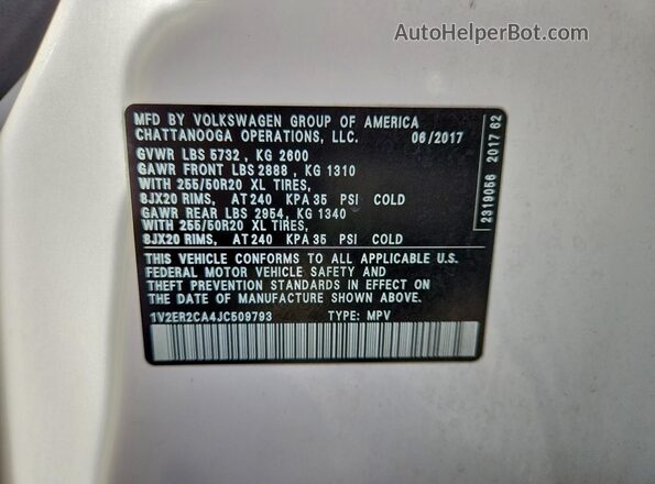 1V2ER2CA4JC509793 2018 VOLKSWAGEN ATLAS White 