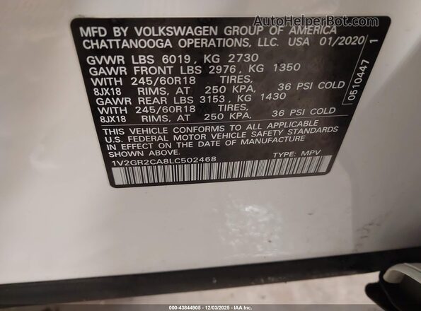 1V2GR2CA8LC502468 2020 VOLKSWAGEN ATLAS White Вид підкапотного простору