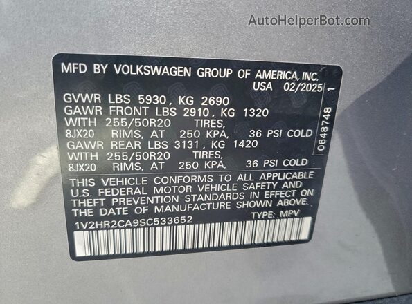 1V2HR2CA9SC533652 2025 VOLKSWAGEN ATLAS Silver VIN sticker view