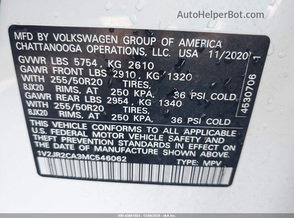 1V2JR2CA3MC546062 2021 VOLKSWAGEN ATLAS White Շարժիչի բաժամունքի տեսք