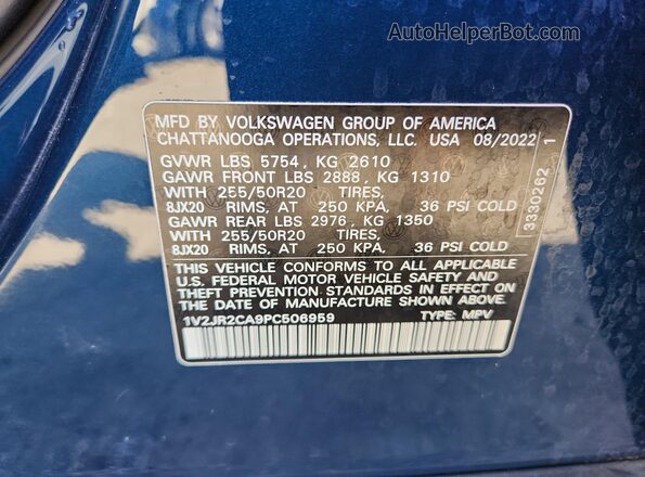1V2JR2CA9PC506959 2023 VOLKSWAGEN ATLAS Blue Vista de la etiqueta del VIN