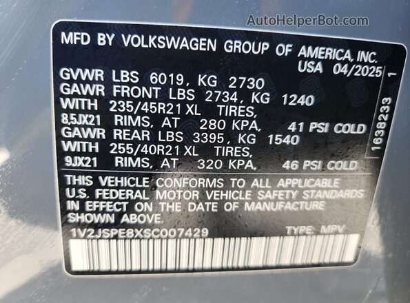 1V2JSPE8XSC007429 2025 VOLKSWAGEN ID.4 Gray Vista de la etiqueta del VIN
