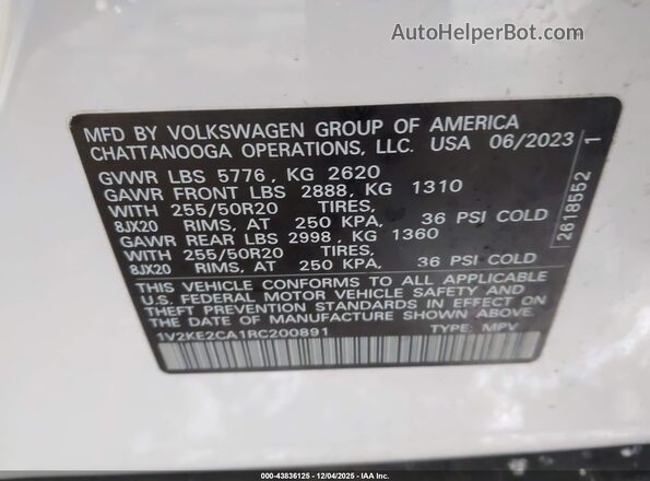 1V2KE2CA1RC200891 2024 VOLKSWAGEN ATLAS White ძრავის განყოფილების ხედი