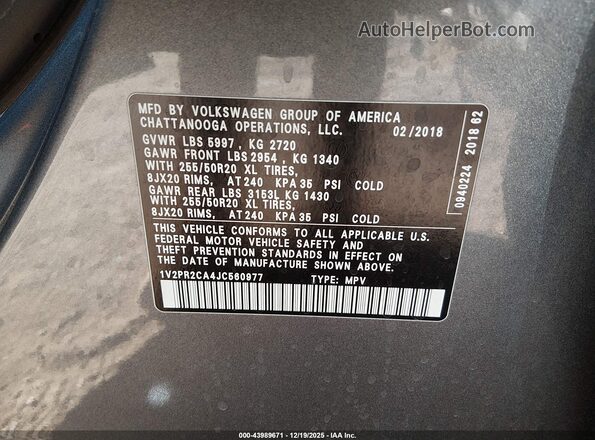 1V2PR2CA4JC560977 2018 VOLKSWAGEN ATLAS Gray 