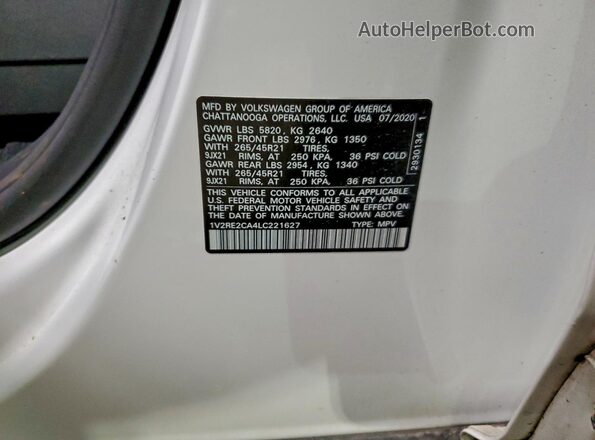 1V2RE2CA4LC221627 2020 VOLKSWAGEN ATLAS White Вид наклейки з VIN-кодом