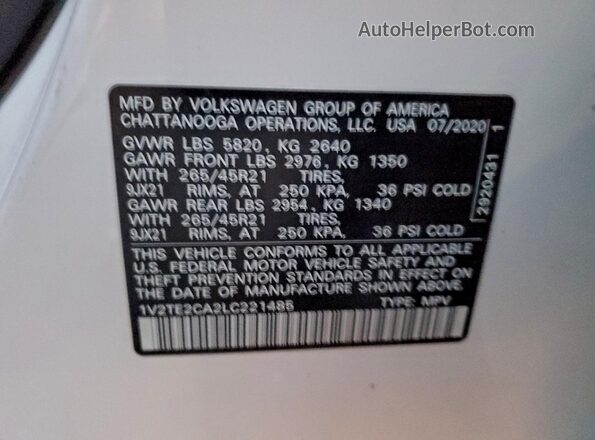 1V2TE2CA2LC221485 2020 VOLKSWAGEN ATLAS White VIN კოდის სტიკერის ხედი