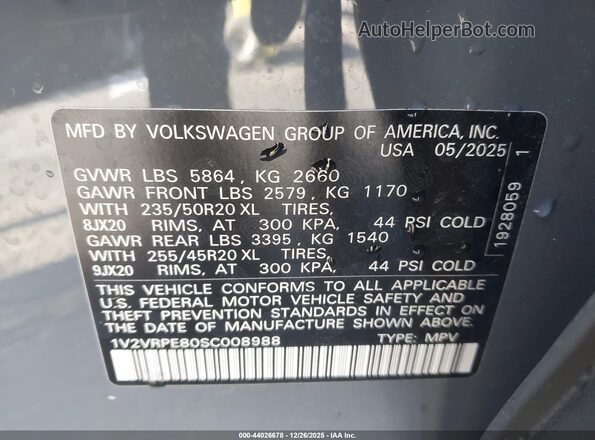 1V2VRPE80SC008988 2025 VOLKSWAGEN ID.4 Gray Widok komory silnika
