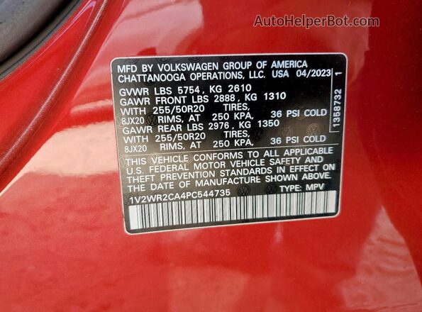 1V2WR2CA4PC544735 2023 VOLKSWAGEN ATLAS Красный Вид наклейки с VIN-кодом