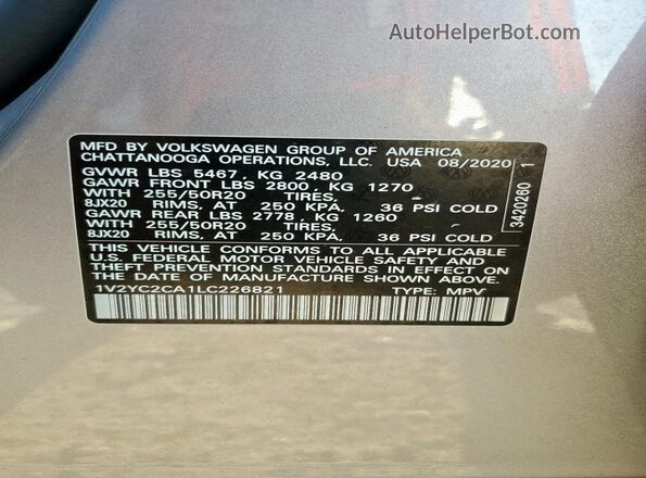 1V2YC2CA1LC226821 2020 VOLKSWAGEN ATLAS Silver VIN sticker view