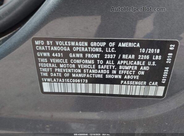 1VWLA7A31KC006173 2019 VOLKSWAGEN PASSAT Серый Вид подкапотного пространства