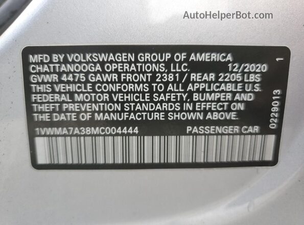 1VWMA7A38MC004444 2021 VOLKSWAGEN PASSAT Silver Вид наклейки з VIN-кодом