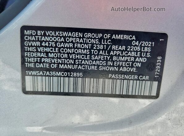 1VWSA7A35MC012895 2021 VOLKSWAGEN PASSAT Silver VIN կոդի պիտակի տեսք