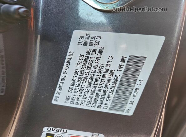 5FNRL6H72LB046745 2020 HONDA ODYSSEY Gray Widok wnętrza 360 stopni
