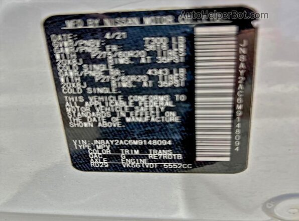 JN8AY2AC6M9148094 2021 NISSAN ARMADA White Widok wnętrza z tyłu