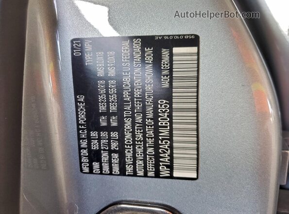 WP1AA2A51MLB04359 2021 PORSCHE MACAN Silver Widok naklejki z numerem VIN